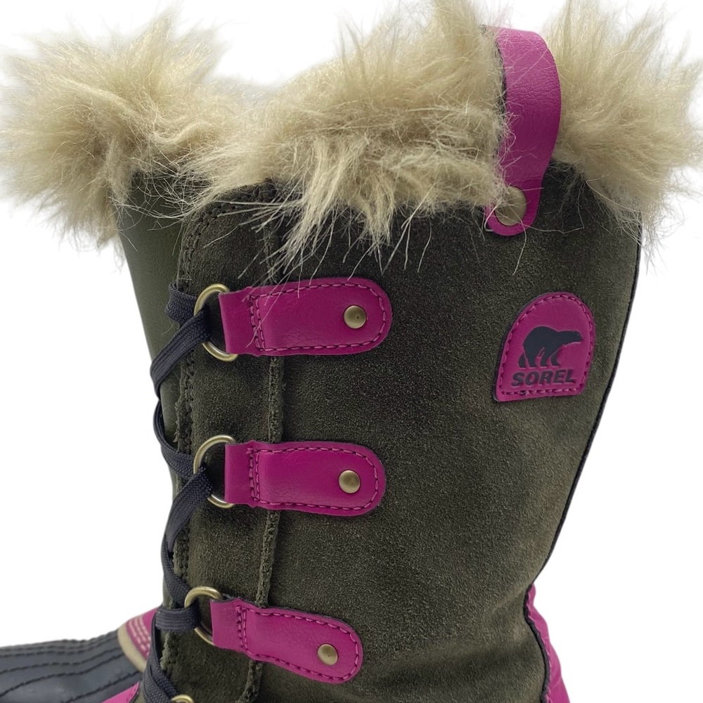 Sorel Girls Winter Boots Size 6 Green Pink Leather Waterproof Faux Fur Tall - Picture 3 of 14